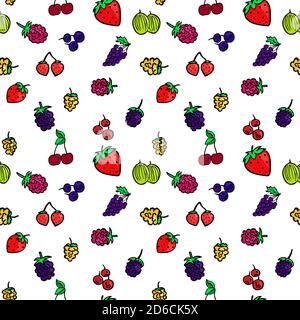 Seamless background with different berries. Bright berry pattern. Stock Vector