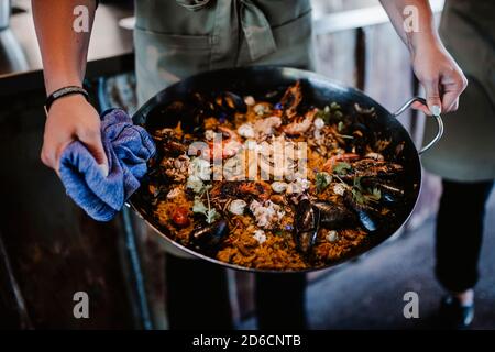Pan with seafood paella Stock Photo