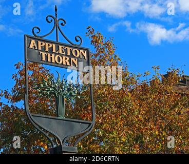 Appleton Thorn Village sign, Lumb Brook Road, Grappenhall Lane, Appleton Thorn, Warrington, Cheshire, England, UK, WA4 4QX