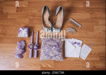 Delicate wedding decorations for the bride's morning in purple lavender colors. Stock Photo