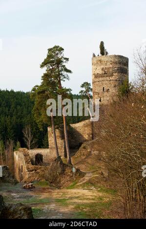 Beautiful medieval Czech castle Gutstejn located on the rock above the river in the Western Bohemia Stock Photo