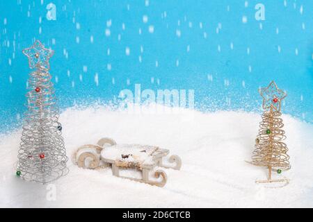 Christmas sleigh of santa claus with snow and trees. Funny christmas background for invitations. Stock Photo