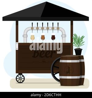 Street stall with draught beer for sale. Wooden cart with different types of craft beer, wooden barrels and beer glass glasses. Street point for selling light alcohol in parks, on the street, on the beach, at a fair or square. Colorful bar with an umbrella and an outdoor cafe. Flat vector illustration Stock Vector