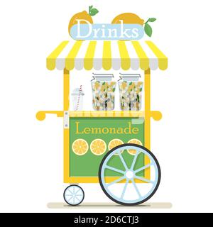 Flat cute cart with lemonade and soft drinks. Diner in the Park, at the fair, street and festival. Vector illustration in yellow and green colors. Point of sale of cold natural drinks, lemonade and juice. Stock Vector