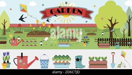 A large set of vector items for the garden. Flat garden illustration design with flowerbeds, tractor, fence, sprouts, flowers, birdhouse, trees, garden decor and equipment. Cute cartoon picture with a set of isolated items on a Botanical theme. Summer illustration, eps 10 Stock Vector