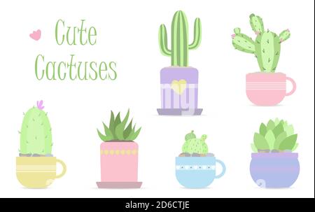 Set of cute vector cacti in pastel colors. Flat vector illustration in modern design. Six isolated cacti and succulents in beautiful flower pots for home decoration. can be used for cards, invitations or like sticker Stock Vector
