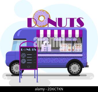 Street food truck with doughnuts. Vector flat illustration of a pastry shop on wheels with a striped awning, a huge doughnut on a van and an advertising stand with a menu. Stylish retro illustration of fast food in parks and on city streets. Vector of the business machine. Shop for cars on wheels. Colorful car track with logo Funny vector illustration with van and donut Stock Vector