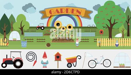 A large set of vector items for the garden. Flat garden illustration design with flowerbeds, tractor, fence, sprouts, flowers, birdhouse, trees, garden decor and equipment. Cute cartoon picture with a set of isolated items on a Botanical theme. Summer illustration, eps 10 Stock Vector