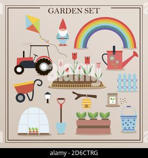 Flat icons with gardening concept. A set of flat images of garden items. Flowers, seedlings, shovel, garden gnome, rainbow in a retro selection. Vector illustration. Stock Vector