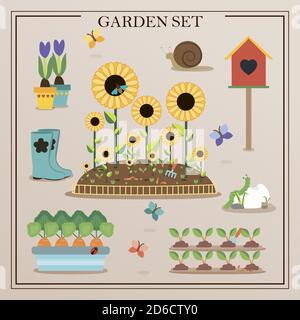 Flat icons with gardening concept. A set of flat images of garden items. Flowers, seedlings, shovel, garden gnome, rainbow in a retro selection. Vector illustration. Stock Vector