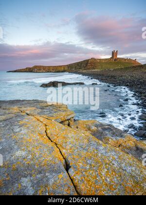 Dunstanburgh Castle glows in late evening light at sunset, with the weathered, lichen covered rocks of Embleton Bay visible in the foreground. Stock Photo