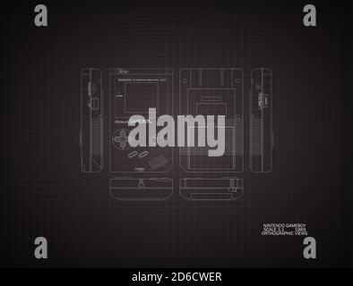 A technical mechanical line drawing in isometric and orthographic projection of a vintage 1989 nintendo gameboy console on a black dark background Stock Photo