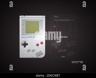 A technical mechanical line drawing in isometric and orthographic projection of a vintage 1989 nintendo gameboy console on a black dark background Stock Photo