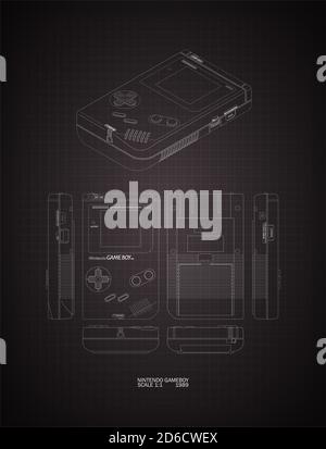 A technical mechanical line drawing in isometric and orthographic projection of a vintage 1989 nintendo gameboy console on a black dark background Stock Photo