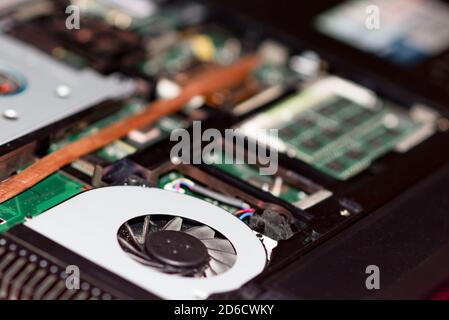 Top view Open case of a modern laptop for repair production. Stock Photo