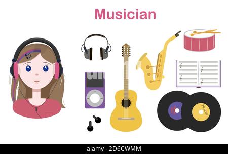 Young cute girl with long hair in headphones. Set of flat vector musical instruments guitar, drum, saxophone, music notebook, audio player, phonograph records. Vector illustration of a woman with big blue eyes, music lover and musician. Little cute girl enjoys listening to music with headphones Stock Vector