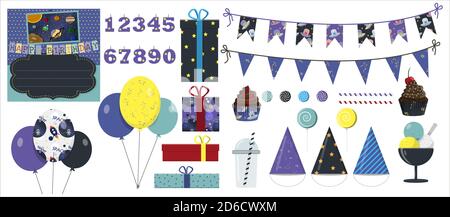 Vector set for a party, birthday with a space theme. Flat design illustration with balloons, gifts, garlands, holiday invitation, sweets and drinks. All items for the holiday in the same style with aliens, constellations, flying saucers, missiles, the solar system. Bright caps for children's events Stock Vector