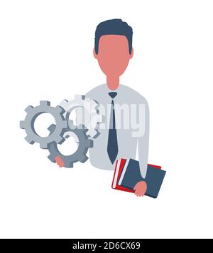 Businessman or clerk holding a books and a gears. Male character in simple style, flat vector illustration. Isolated on white background. Stock Vector