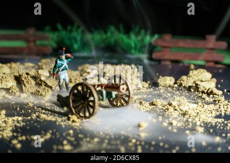 Image of handmade souvenir tin soldiers and war reconstruction Stock Photo