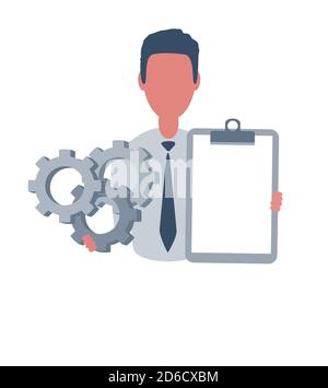 Businessman or clerk holding a writing paper and a gears. Male character in simple style, flat vector illustration. Business concept. Stock Vector