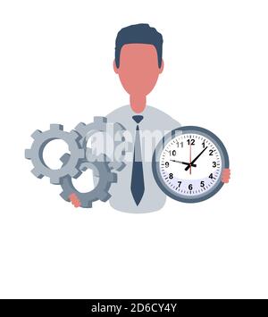 Businessman or clerk holding a clock and a gears. Male character in simple style, flat vector illustration. Business concept. Isolated on white Stock Vector