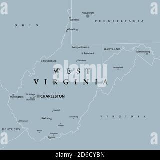 West Virginia, WV, gray political map. State in the Appalachian region of the Southern United States and in the Mid-Atlantic Southeast Region. Stock Photo