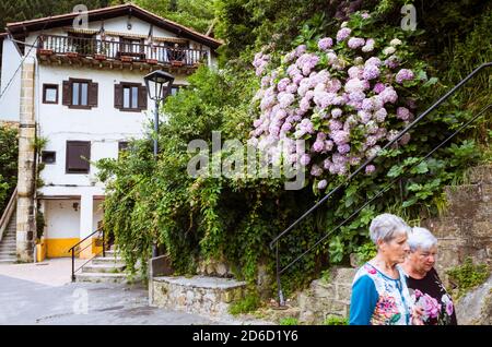 Pasajes, Gipuzkoa, Basque Country, Spain - July 17th, 2019 : Two senior local women walk past a traditional country house in the outskirts of Pasajes Stock Photo