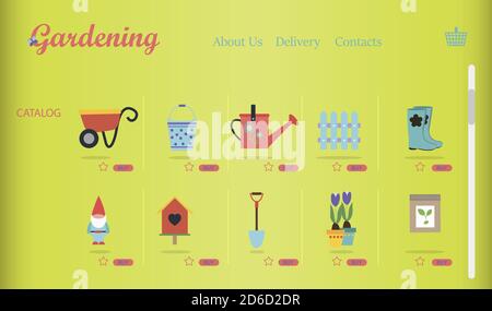 an online store of gardening and garden equipment. Flat illustration of the site with products and their delivery to the buyer s home. An app or website selling everything for home and garden with ads on the main page Stock Vector