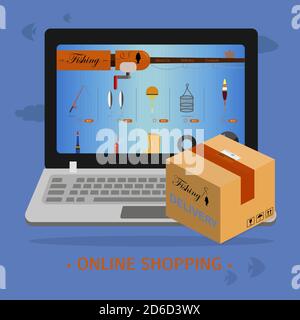 laptop screen with an online store for fishing and fishing equipment. Flat  illustration of the site with products and their delivery to the buyer s  home. A smartphone app or website selling