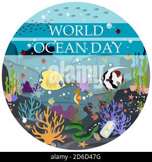 Vector flat illustration of the underwater world. Postcard-poster for the world ocean day on June 8. Protection of nature, underwater world and marine animals. Tropical underwater flora and fauna. A bright picture of many objects. Stock Vector