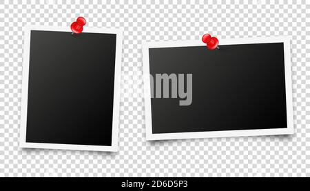 Realistic blank photo card frame, film set. Retro vintage photograph with red push pins. Digital snapshot image. Template or mockup for design. Vector Stock Vector