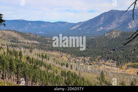 TAHOE VALLEY, CAL, UNITED STATES - Oct 14, 2020: A view across Tahoe Valley, South Lake Tahoe and Stateline, Nevada from Angora Ridge in the Lake Taho Stock Photo