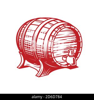 Old wooden wine or beer barrel with faucet in engraving style, cask Stock Vector