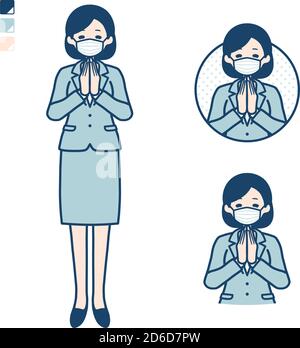 Business woman Wearing a mask with press hands in prayer images. It's vector art so it's easy to edit. Stock Vector