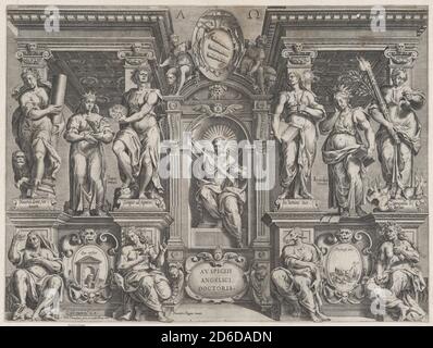 Allegorical thesis print with various figures, set in an architectural structure, 1608. Stock Photo