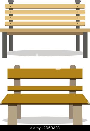 Two kinds of wooden park benches set isolated on white background. Vector illustration benches for outdoor decor and cartoon props. Stock Vector