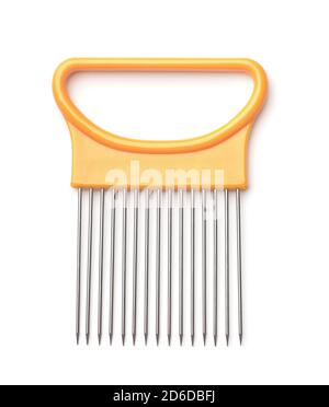Front view of orange onion and vegetable cutting fork holder isolated on white Stock Photo