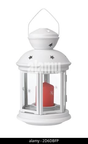 Front view of white metal lantern candle holder isolated on white Stock Photo