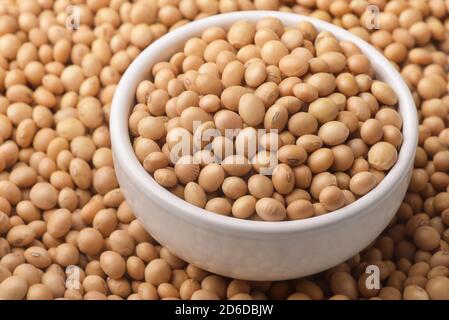 Closeup of dry organic soybeans in ceramic bowl Stock Photo