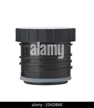 Black plastic thermos flask stopper isolated on white Stock Photo