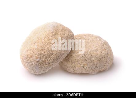 Two frozen round uncooked fishcakes isolated on white Stock Photo
