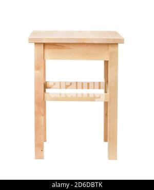 Front view of unpainted wood square stool isolated on white Stock Photo