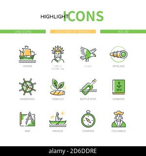 Discovery of America - modern line design style icons set Stock Vector