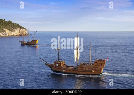 Dubrovnik, Croatia - 02. September 2020: Tirena and Karaka, Tourist replica of Wooden Medieval ships, sailing to old port in Dubrovnik, Croatia, Europ Stock Photo
