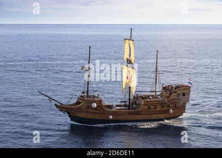 Dubrovnik, Croatia - 02. September 2020: Tirena, Tourist replica of Wooden Medieval ship, sailing to old port in Dubrovnik, Croatia, Europe. Stock Photo