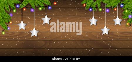 Christmas wooden background with branches and baubles Stock Vector
