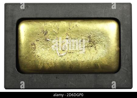 gold bar in graphite mold isolated on white background Stock Photo