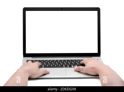 Man hands working on the laptop isolated on white background with clipping path,Working from home,Searching for information on the internet,Online sho Stock Photo