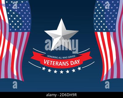 happy veterans day, waving flags star lettering and ribbon vector illustration Stock Vector