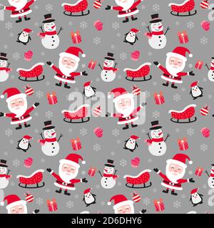 santa claus penguin snowman and gift are including in cute of merry christmas and happy new year seamless pattern with flat color design,vector illust Stock Vector